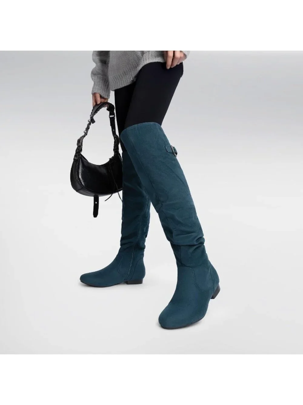 Women's Blue Flat Heel Pointed Toe Slouch Over The Knee Thigh High Boots